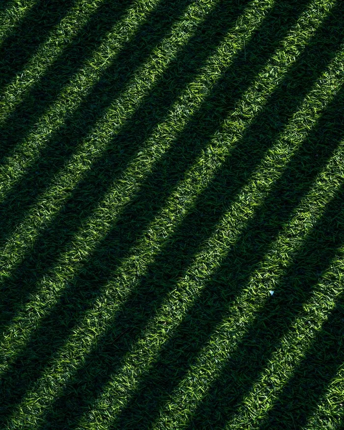 A freshly mowed lawn with clean mower stripes running the length of the yard