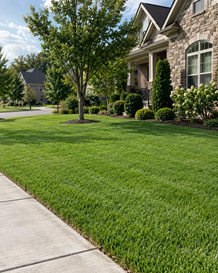 A healthy green lawn just after a clean cut, the edges tidy